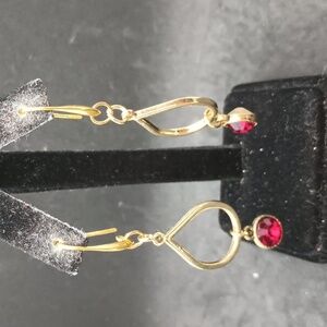 Vintage Gold Tone Red Rhinestone Dangle Earrings